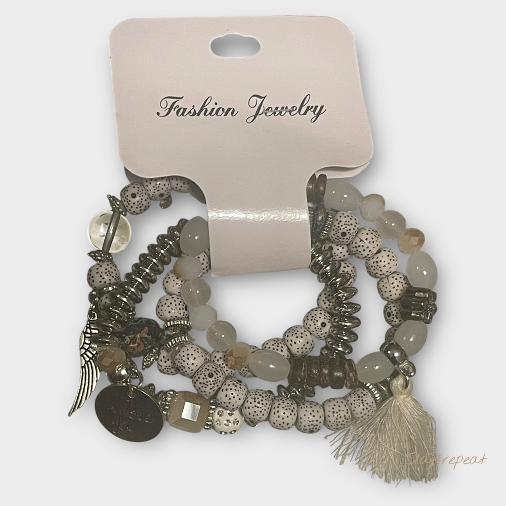 ✨ Boho Chic Beaded Charm Bracelet Set – Neutral Tones, Layered Style ✨